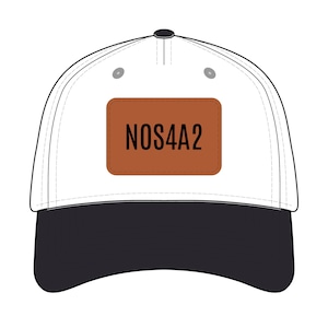 May include: A white baseball cap with a black peak. A brown rectangular patch on the front displays the text "NOS4A2" in black. The cap has a black button on top and two small grey eyelets.