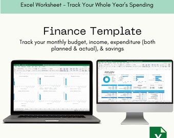 May include: A screenshot of a computer screen showing an Excel spreadsheet with a finance template. The template is designed to track monthly budget, income, expenditure, and savings. The spreadsheet includes charts and graphs to visualize the data. The text "Finance Template" is displayed in a large font at the top of the screen. The text "Track your monthly budget, income, expenditure (both planned & actual), & savings" is displayed below the title. The text "January" is displayed in the upper right corner of the screen. The text "3,150 1,450" is displayed in the lower right corner of the screen. The text "https://www.etsy.com/uk/shop/LoopyClothing" is displayed at the bottom of the screen.