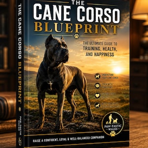 May include: A hardback book titled The Cane Corso Blueprint featuring a black dog standing on a hill at sunset. The cover includes text about training, health, and happiness, along with a Paw-Tastic Walks logo and the phrase Raise a confident, loyal & well-balanced companion.