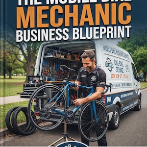 May include: A book cover titled The Mobile Bike Mechanic Business Blueprint by The Practical Blueprint Company. It features a mechanic working on a blue road bike in front of a white service van with tools and bike tires visible in the background.