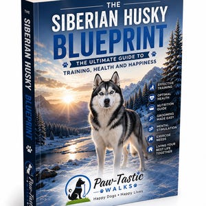 Puede incluir: Un libro titulado The Siberian Husky Blueprint: The Ultimate Guide to Training, Health and Happiness. La portada muestra un Husky siberiano en un paisaje montañoso nevado al atardecer, con texto que enumera temas como entrenamiento y salud.