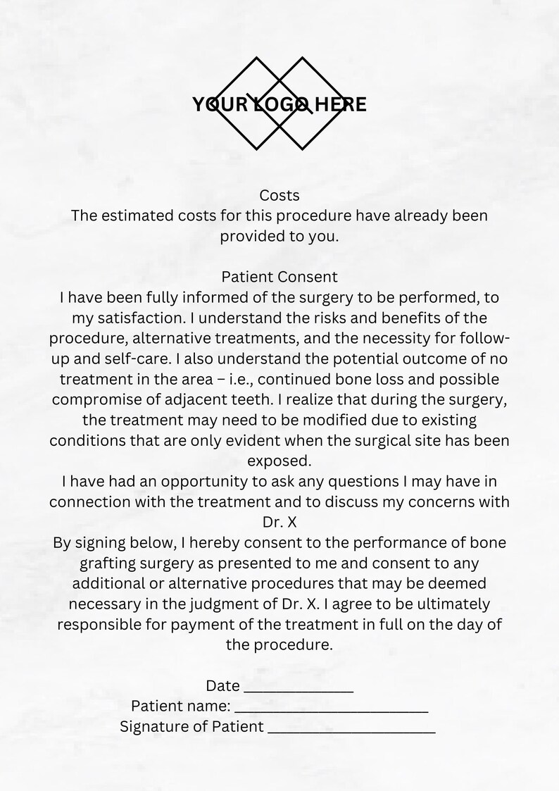 Bone Graft Consent Form Dental Consent Procedure Consent Etsy