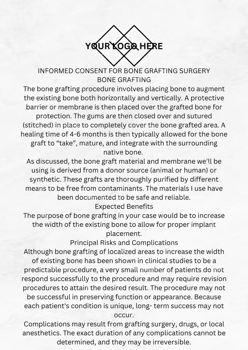 Bone Graft Consent Form Dental Consent Procedure Consent Etsy