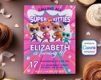 SuperKitties invitation, Printable Editable Super Kitty Invite, SuperKitty Birthday Party invite template, Kitten Invitation Cute Invite