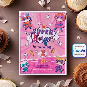 SuperKitties invitation, Printable Editable Super Kitty Invite, SuperKitty Birthday Party invite template, Kitten Invitation Cute Invite