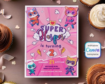 SuperKitties invitation, Printable Editable Super Kitty Invite, SuperKitty Birthday Party invite template, Kitten Invitation Cute Invite