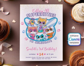 SuperKitties invitation, Printable Editable Super Kitty Invite, SuperKitty Birthday Party invite template, Kitten Invitation Cute Invite