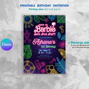 Girl fashion Birthday invitation, Printable Doll Birthday Invitation, bestie invitation, malibu hot pink birthday party, pool party invite