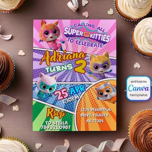 SuperKitties invitation, Printable Editable Super Kitty Invite, SuperKitty Birthday Party invite template, Kitten Invitation Cute Invite