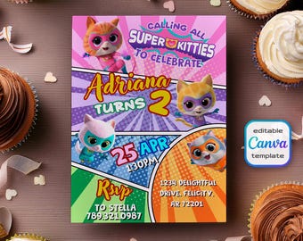 SuperKitties invitation, Printable Editable Super Kitty Invite, SuperKitty Birthday Party invite template, Kitten Invitation Cute Invite