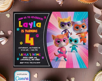 SuperKitties invitation, Printable Editable Super Kitty Invite, SuperKitty Birthday Party invite template, Kitten Invitation Cute Invite