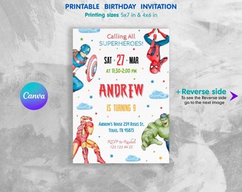 Printable Birthday Invitation, avengers invite, spiderman invite, superhero invitation, super hero, iron man, thore, captain america, hulk