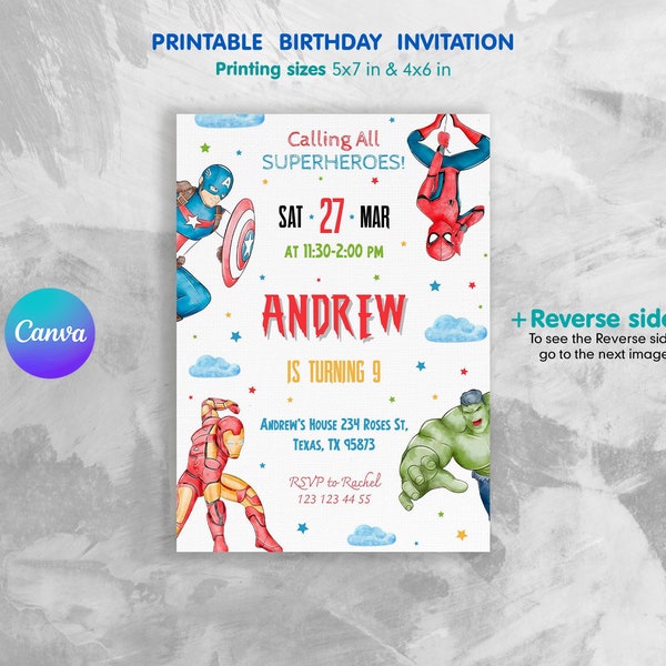 Printable Birthday Invitation, avengers invite, spiderman invite, superhero invitation, super hero, iron man, thore, captain america, hulk