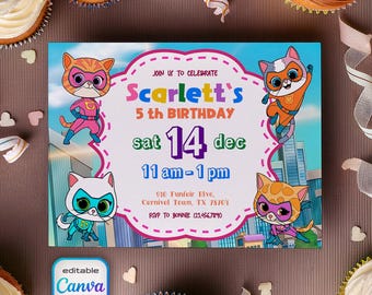 SuperKitties invitation, Printable Editable Super Kitty Invite, SuperKitty Birthday Party invite template, Kitten Invitation Cute Invite