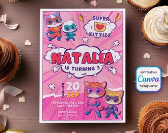 SuperKitties invitation, Printable Editable Super Kitty Invite, SuperKitty Birthday Party invite template, Kitten Invitation Cute Invite