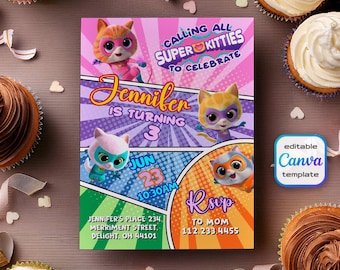 SuperKitties invitation, Printable Editable Super Kitty Invite, SuperKitty Birthday Party invite template, Kitten Invitation Cute Invite
