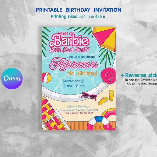 Girl fashion Birthday invitation, Printable Doll Birthday Invitation, bestie invitation, malibu hot pink birthday party, pool party invite