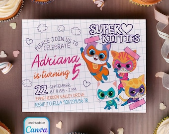 SuperKitties invitation, Printable Editable Super Kitty Invite, SuperKitty Birthday Party invite template, Kitten Invitation Cute Invite