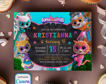 SuperKitties invitation, Printable Editable Super Kitty Invite, SuperKitty Birthday Party invite template, Kitten Invitation Cute Invite