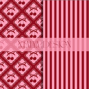 Könnte beinhalten: Zwei nahtlose Muster. Eines zeigt ein sich wiederholendes Design von Kirschen mit Schleifen in einem rautenförmigen Rahmen auf dunkelrotem Hintergrund. Das andere ist ein vertikales Streifenmuster in Rosa- und Rottönen. Der Text "NTALYA DESIGN" befindet sich in der Mitte.