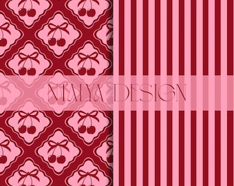 Cherry Bow Seamless Pattern, Girly Coquette Digital Paper (Digital Download)