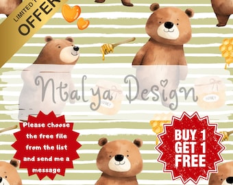 Teddy Seamless Pattern, Honey Seamless Pattern, Bear Seamless File, Cute Teddy Repeat Pattern