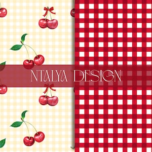 May include: Two patterned backgrounds. One features a yellow and white checkered pattern with watercolor cherries and green leaves. The other is a red and white gingham pattern. The text "NTALYA DESIGN" is in the centre.