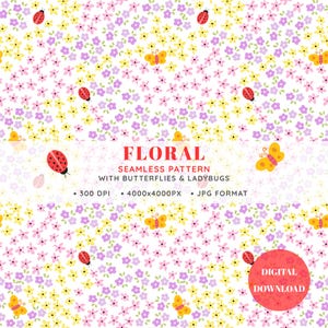 Puede incluir: Un patrón digital sin costuras con pequeñas flores amarillas y moradas sobre fondo blanco, intercaladas con mariquitas rojas y mariposas amarillas. Texto: FLORAL SEAMLESS PATTERN WITH BUTTERFLIES & LADYBUGS, 300 DPI, 4000x4000PX, JPG FORMAT, DIGITAL DOWNLOAD.
