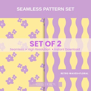 Puede incluir: Dos diseños de patrones sin costuras. Uno presenta un fondo amarillo con elementos florales morados. El otro tiene un patrón ondulado morado y amarillo. El texto dice "Seamless Pattern Set" y "Set of 2".