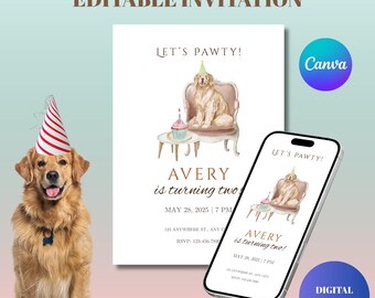 Op de afbeelding: Een bewerkbaar verjaardagsuitnodigingssjabloon met een golden retriever met een feesthoedje, zittend op een stoel naast een cupcake. Het ontwerp bevat de tekst LET'S PAWTY, AVERY is turning two en evenementdetails op een kaart en smartphone.