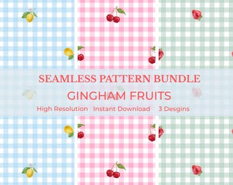 Gingham Fruits Seamless Pattern Bundle, Strawberry Lemon Cherry Designs (Digital Download)