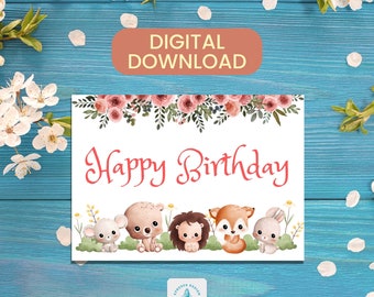 Cartão de aniversário imprimível dos animais | cartão imprimível | Imprima em casa | Download digital | Impressão Fácil | Animais felizes | 7"x5"