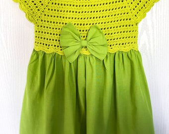 Handmade Girl Dress with Green Skirt, Baby Girl Knitted Dress