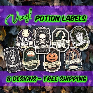 Halloween Potion Labels | 8 Vinyl Die Cut Stickers | Permanent & Waterproof for Halloween Party Décor