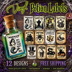 K&ouml;nnte beinhalten: Ein Set aus 12 Vinyl-Zaubertranketiketten mit Illustrationen im Vintage-Stil und Texten wie Mermaid, Banshee's Wail, Witch's Brew, Death Potion, Black Toad, Spider Venom, Assorted Eyeballs, Moon Elixir, Creepshow, Poison, Snake Venom und Black Cat.