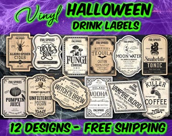 Halloween Drink Labels | 12 Vinyl Die Cut Sticker Labels | Permanent & Waterproof for Halloween Party Decor |  Free Shipping
