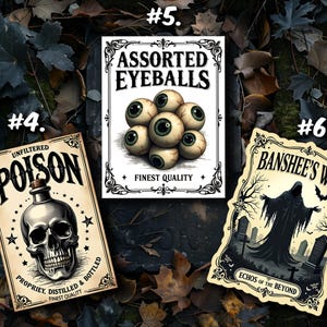 K&ouml;nnte beinhalten: Drei rechteckige Aufkleber mit Etiketten im Vintage-Stil. Einer zeigt eine Totenkopfflasche mit der Aufschrift UNFILTERED POISON, einer ein B&uuml;ndel Aug&auml;pfel mit ASSORTED EYEBALLS und einer eine Kapuzengestalt mit BANSHEE'S WAIL.