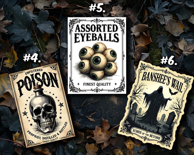 K&ouml;nnte beinhalten: Drei rechteckige Aufkleber mit Etiketten im Vintage-Stil. Einer zeigt eine Totenkopfflasche mit der Aufschrift UNFILTERED POISON, einer ein B&uuml;ndel Aug&auml;pfel mit ASSORTED EYEBALLS und einer eine Kapuzengestalt mit BANSHEE'S WAIL.