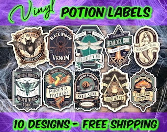 Halloween Potion Labels | 10 Permanent Waterproof Vinyl Stickers | Die Cut for Halloween Decor | Free Shipping