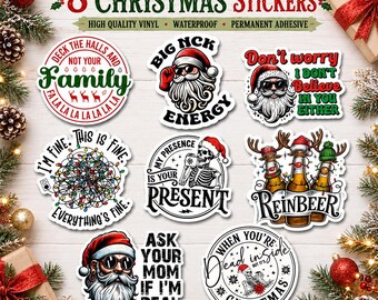 Funny Christmas Stickers – Vinyl Die Cut, Waterproof, 8 Holiday Designs