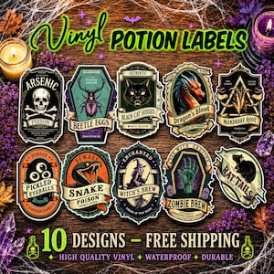 May include: A set of ten vinyl potion labels featuring gothic illustrations including a skull, beetle, black cat, dragon, mandrake root, eyeballs, snake, witch, zombie hand, and rat, with text labels like Arsenic, Beetle Eggs, and Witch's Brew.