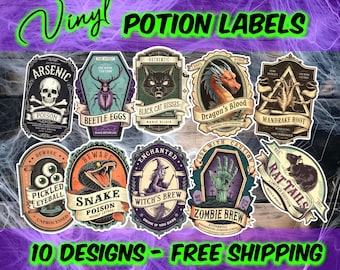 Potion Labels | 10 Waterproof Vinyl Stickers | Witch Apothecary Labels | Potion Bottle Stickers | Free Shipping