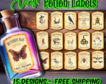 Potion Bottle Labels | 15 Waterproof Vinyl Stickers | Vintage Witch Apothecary Label Set | Die Cut for Bottles & Jars