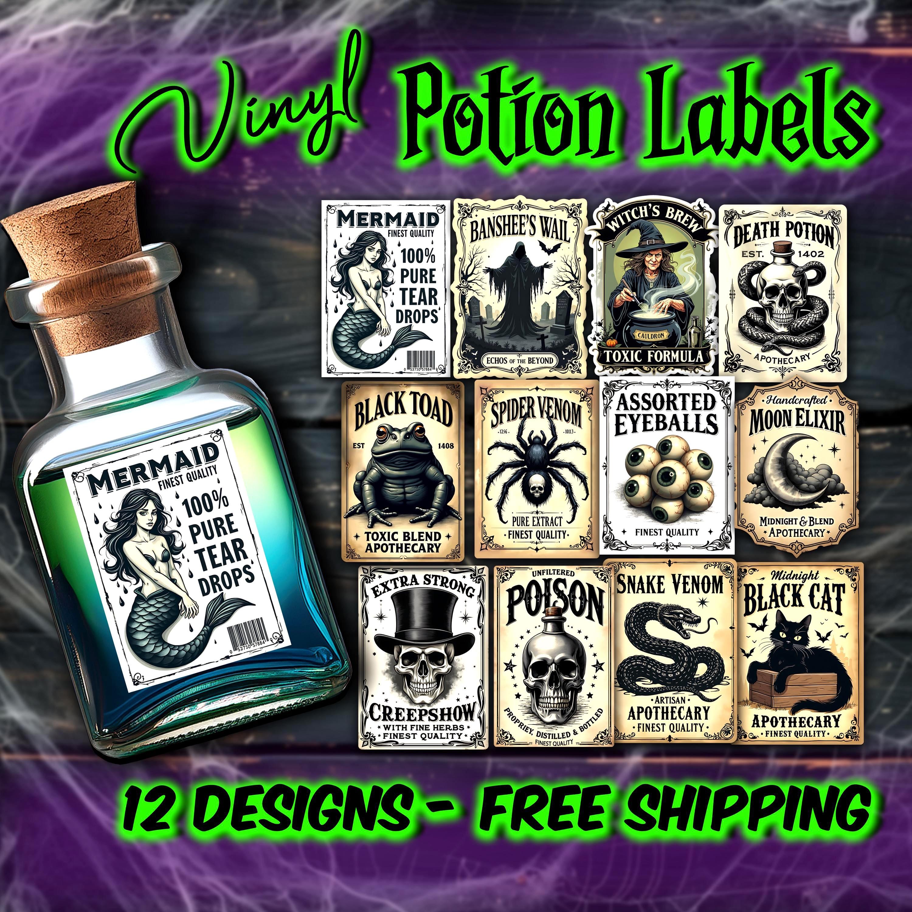 Halloween Potion Labels | Permanent Waterproof Vinyl Stickers | Die Cut for Halloween Party Decor |  Potion Bottle & Drink Labels