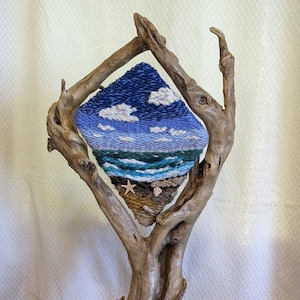 Floor sculpture, living room decor, Nautical Hand Woven fiber art Sea Scene in Driftwood Frame, Free Standing, double sided, Metal Stand