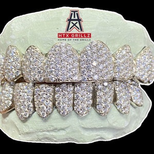 VVS Clarity Moissanites ZigZag / Honeycomb Setting Custom Fit Solid Sterling Silver With Bustdown Iced Out Diamond Grillz