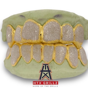 Custom Solid Diamond Dust Gold Plated Windows 12 Teeth (6 Top & 6 Bottom)