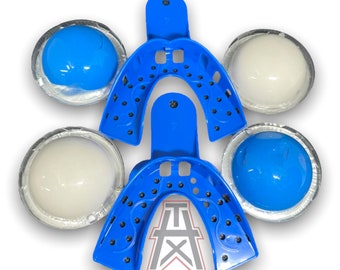 May include: A set of blue and white dental impression trays for making molds for custom grillz. The trays are made of a flexible plastic and have a variety of holes for air vents. The trays are labeled "HTX GRILLZ HOME OF THE GRILLZ".
