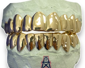 Custom Solid Gold Grillz / Permanent Cut / Deep Cut Custom Gold Grillz 16 Teeth (8 Top , 8 Bottom) 10k Gold Grillz or Silver gold plated
