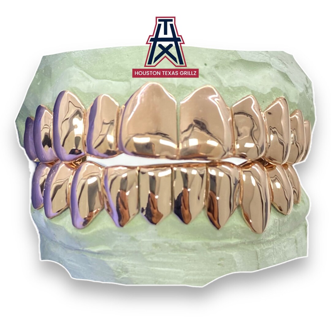 Custom Solid Rose Gold Grillz / Permanent Cut / Deep Cut Custom Gold Grillz 16 Teeth 8 Top , 8